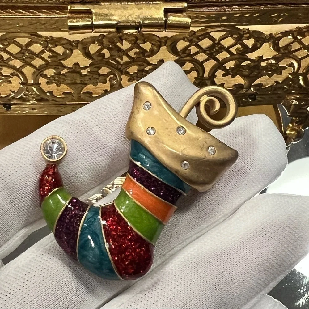 Vintage Anne Klein Christmas Striped Enamel Stocking Rhinestone Brooch